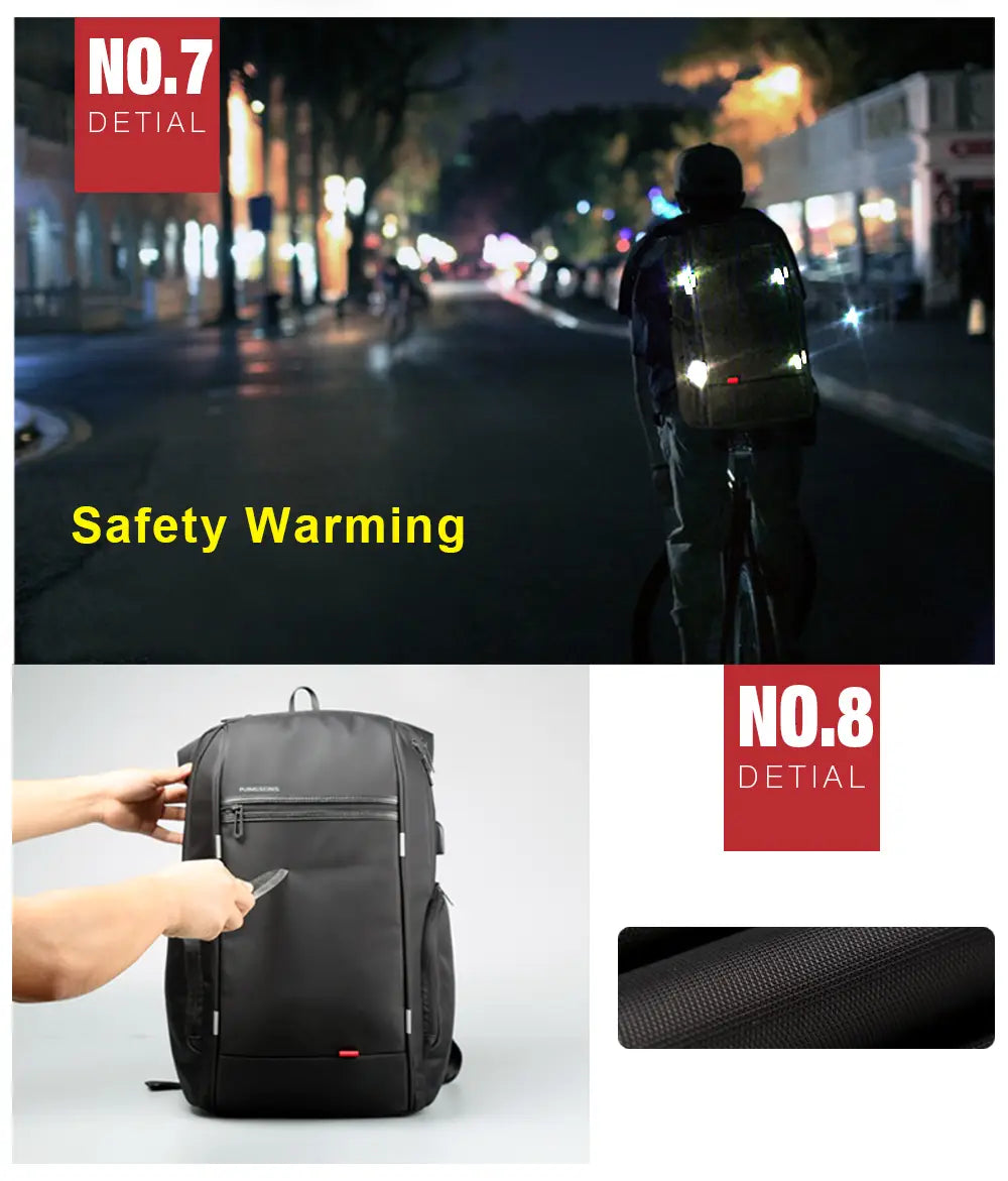 Black laptop backpack with waterproof textured fabric, reflective safety strips, and USB charging port for business use shown from the back side.