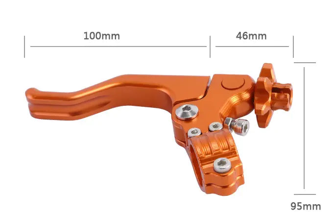 Orangefarbener Aluminium-Bremshebel für das Motorrad mit strukturierter Griffoberfläche und verstellbarem Knopf für eine Zwei-Finger-Bedienung in einem Aluminium-Brems- und Kupplungshebel-Set.