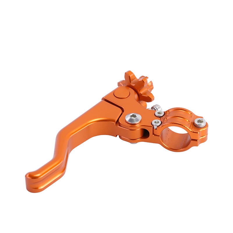Orangefarbenes Aluminium-Brems- und Kupplungshebel-Set für Zwei-Finger mit einem getriebeähnlichen Einstellknopf und silberfarbenen Schrauben.
