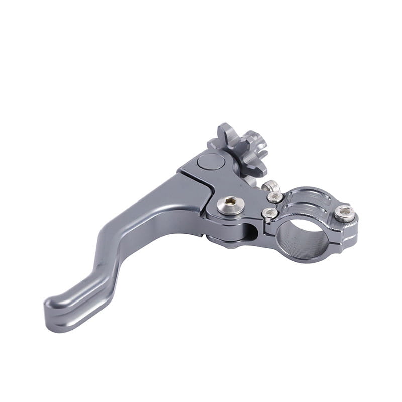 Grauer metallicfarbener Aluminium-Brems- und Kupplungshebel für das Motorrad, Zwei-Finger-Set, mit getriebeähnlichem Einstellknopf und verschraubter Klemme, von der Rückseite dargestellt
