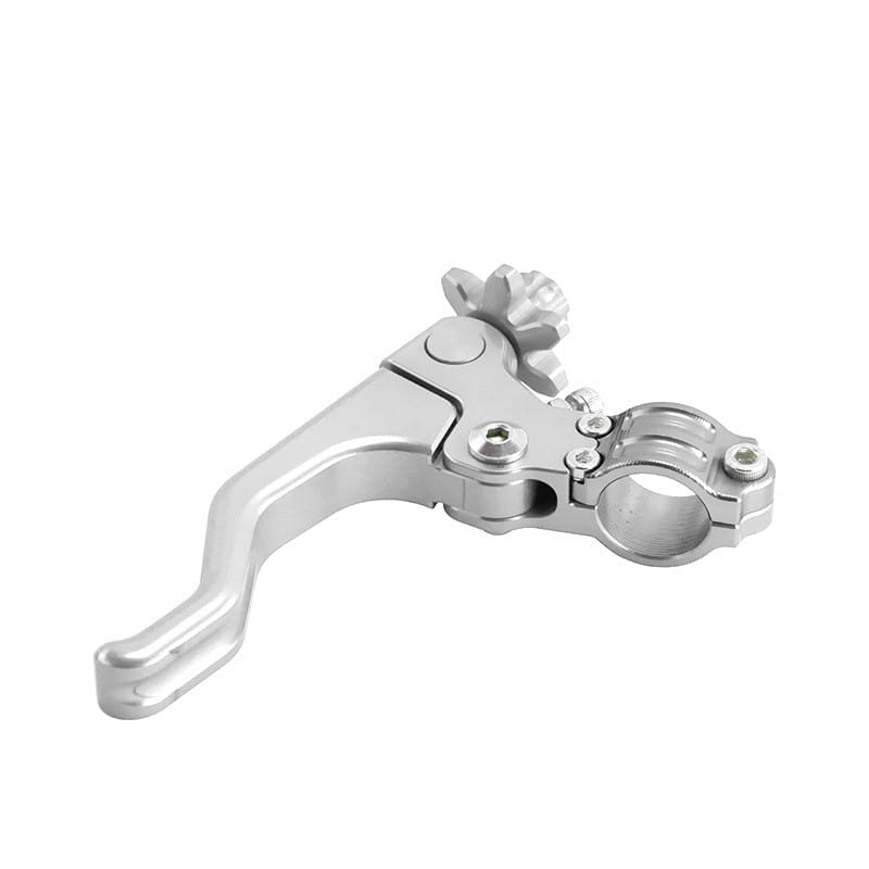 Silbermetallicfarbener Aluminium-Brems- und Kupplungshebel für das Motorrad, mit getriebeähnlichem Einstellknopf und montagehalterungsartigem Klemmbügel, von der Rückseite dargestellt