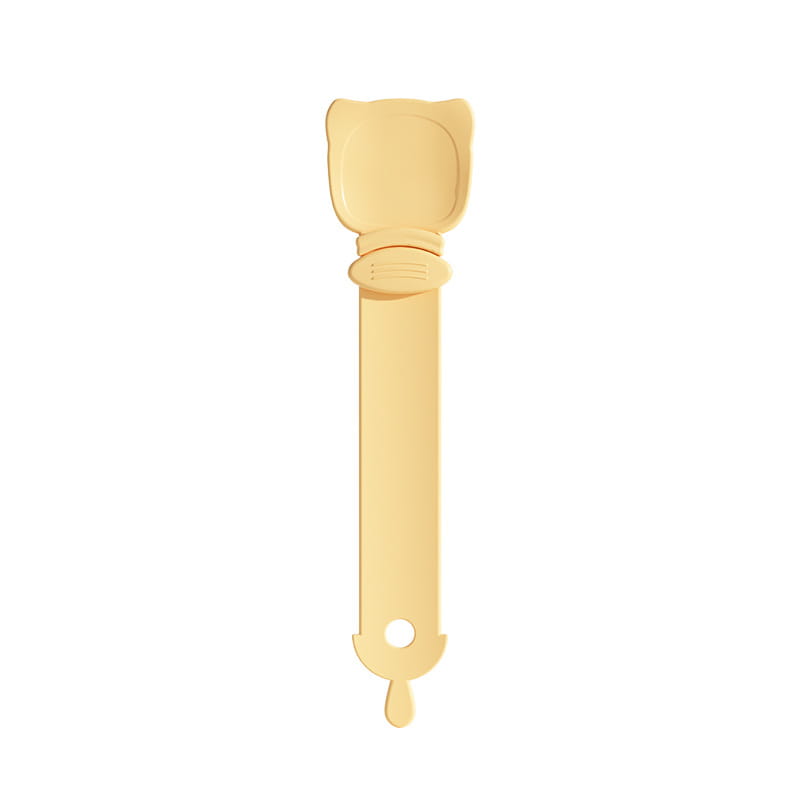 Cuillère de forme de chat en plastique jaune, avec manche arrondi et petit orifice, provenant de l’ensemble pour l’extrudeuse de friandises pour chat et la cuillère en silicone pour aliments pour animaux
