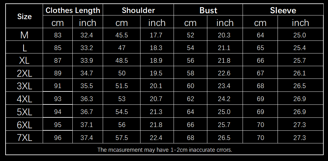 Guide des tailles pour la veste matelassée homme coupe-vent à capuche, indiquant les mesures en centimètres et en pouces, de la taille M à 7XL.