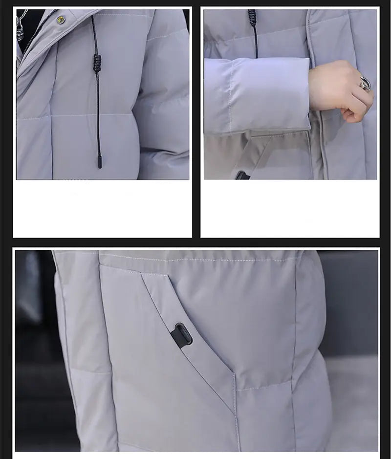 Veste matelassée homme gris clair coupe-vent à capuche, avec panneaux matelassés, capuche à cordon de serrage noir et tirette de fermeture à glissière, ainsi qu’une poche latérale zippée.