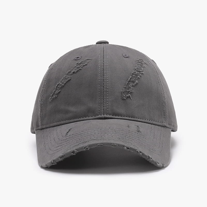 A distressed gray baseball cap for men with frayed and ripped cotton panels and brim.