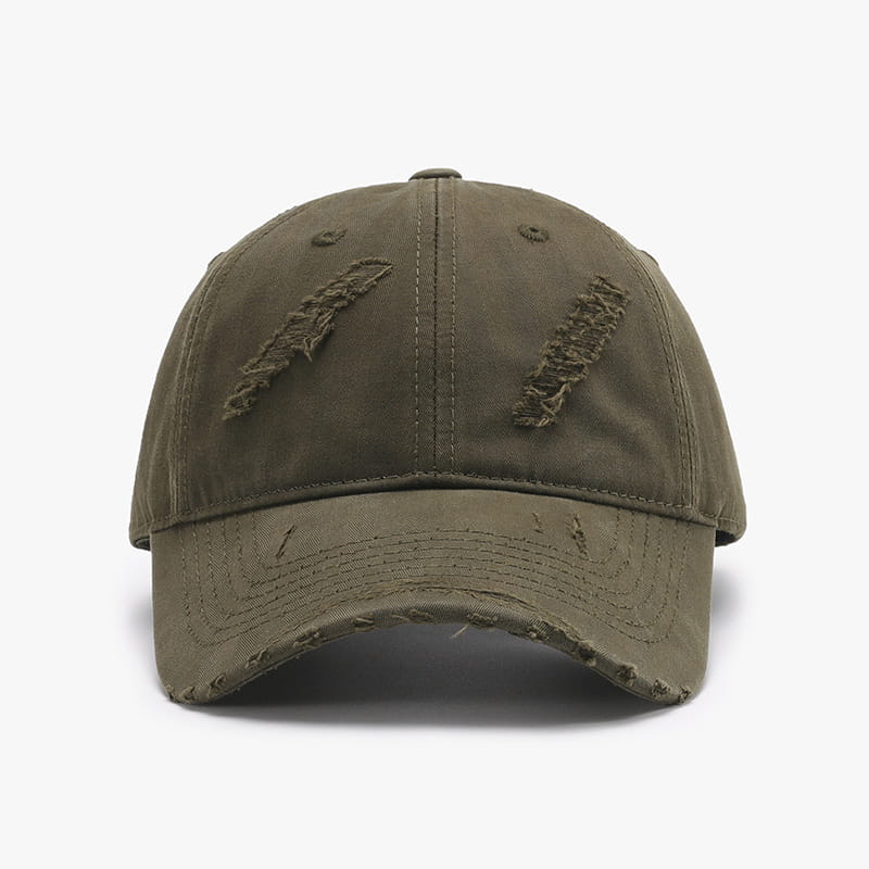Olive green distressed cotton baseball cap for men featuring frayed patches on the front panels.