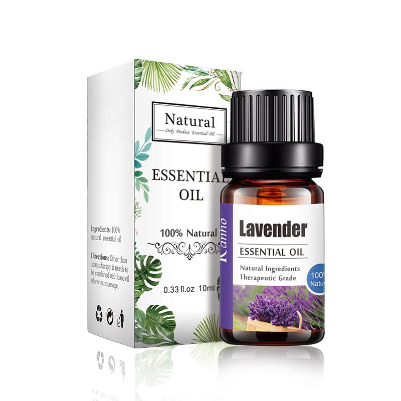 a small amber glass bottle with a black ribbed cap and purple lavender label containing kanno lavender essential oil displayed as part of sage essential oil 10ml pure aroma diffuser liquid products