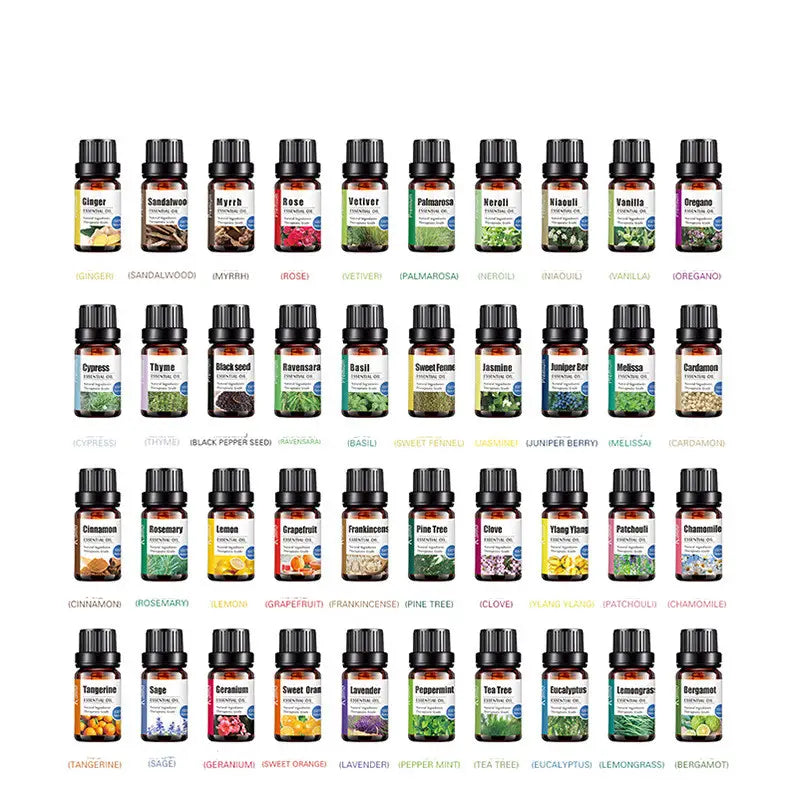 an array of sage essential oil 10ml pure aroma diffuser liquid bottles with colorful labels and black caps featuring distinct botanical illustrations.