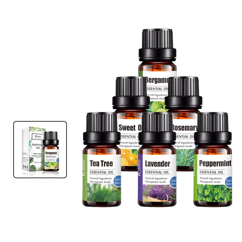Set of six amber glass essential oil bottles with black ribbed caps and botanical labels including bergamot, tea tree, lavender, peppermint, sweet orange, and rosemary in sage essential oil 10ml pure aroma diffuser liquid.