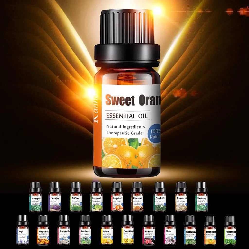 An amber glass bottle of sweet orange essential oil with a black ribbed cap and a white label featuring orange slices as part of a set including multiple scents for use with sage essential oil 10ml pure aroma diffuser liquid.