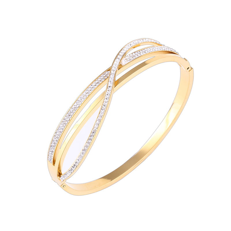 Gold-toned geometric crystal inlaid titanium steel rose gold bangle with a sleek intertwined design adorned with rows of clear crystals.