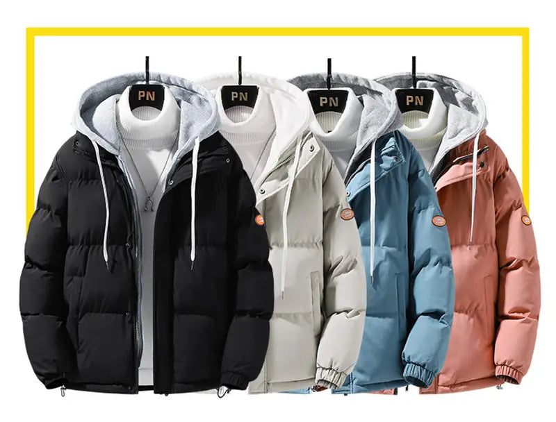 Chaquetas acolchadas tipo parka impermeables y cortavientos para hombre, con capas y capucha abrigada, en negro, beige, azul y rosa, con cordones blancos y forros de la capucha diseñados para la protección contra el frío.
