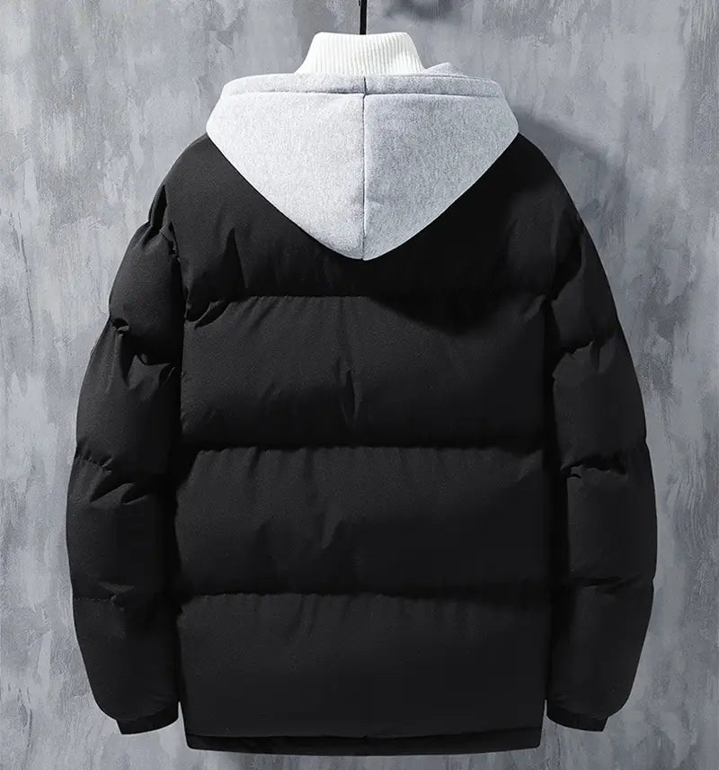 Chaqueta acolchada tipo parka impermeable y cortavientos para hombre, con capas y capucha abrigada, color negro, con capucha de color gris claro a contraste, forrada en suave vellón.