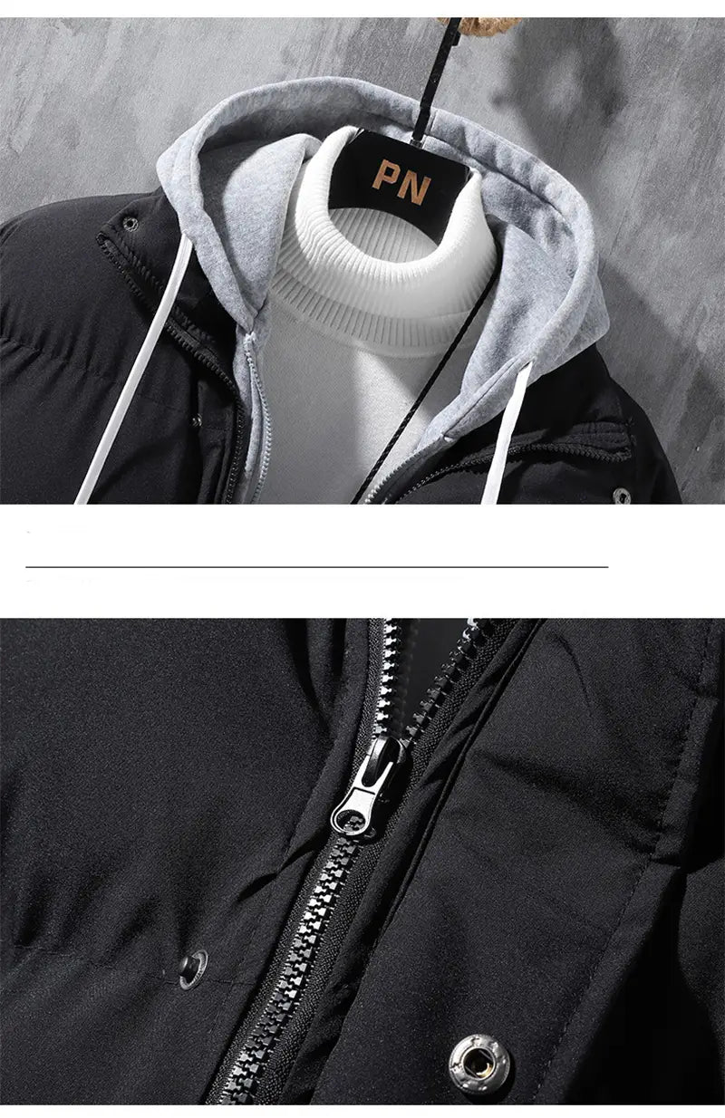 Chaqueta acolchada tipo parka impermeable y cortavientos para hombre, con capas y capucha abrigada, color negro, con capucha gris, cordones blancos y tirador de la cremallera plateado.