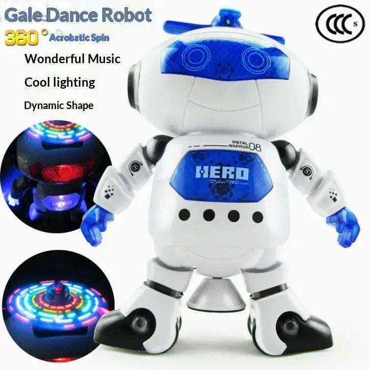 White and blue plastic gale dance robot toy with led lights and music featuring a dynamic design.