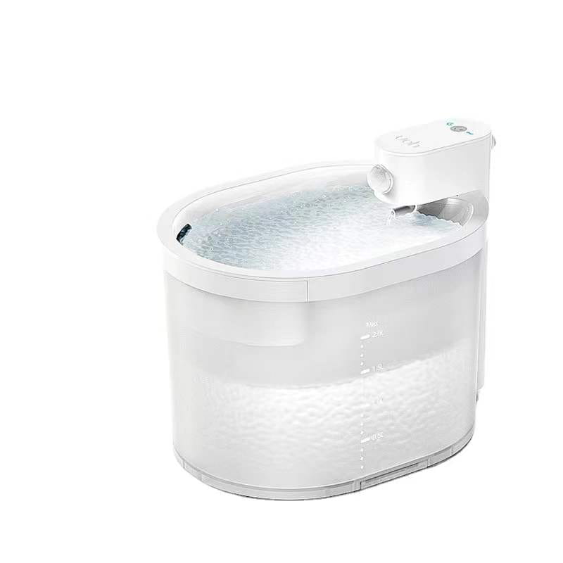 White plastic cat automatic water dispenser with clear oval-shaped reservoir and integrated pump unit on top for wireless pet fountain use.