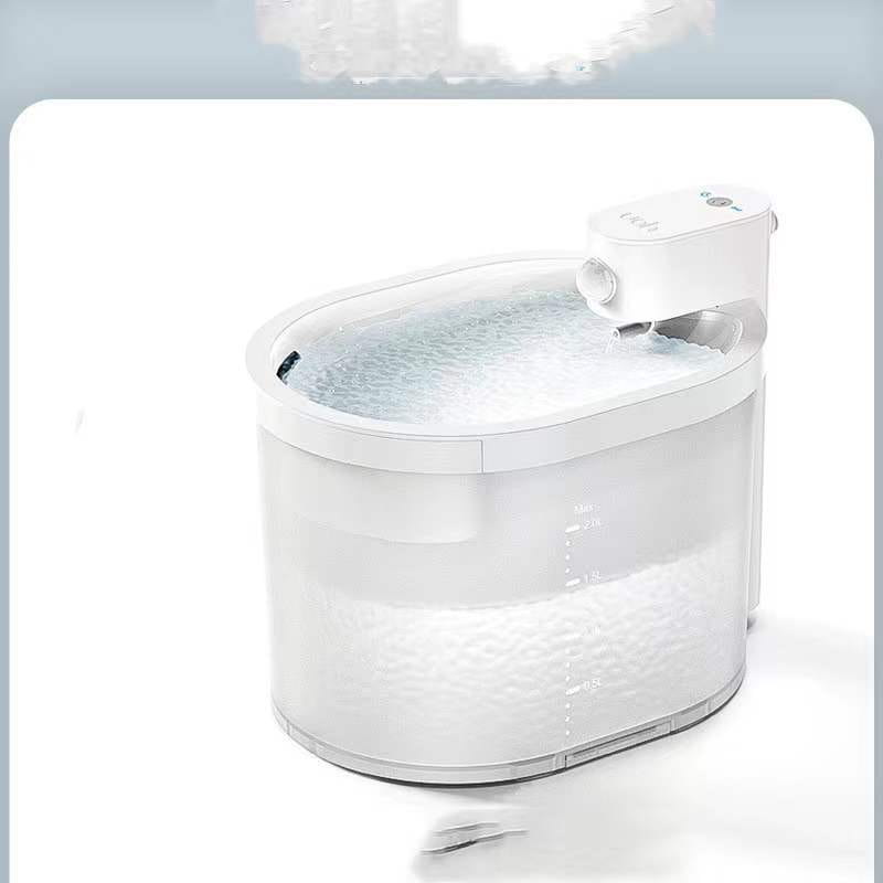 White plastic cat automatic water dispenser with clear reservoir and small pump unit on top for wireless pet fountain use.