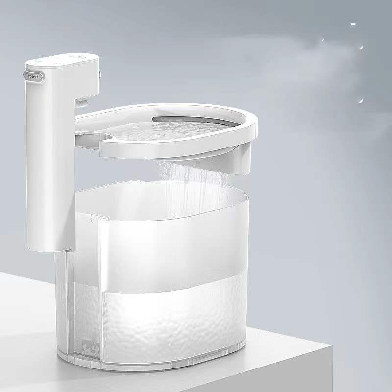 White plastic cat automatic water dispenser wireless pet fountain with clear water reservoir and misting nozzle.