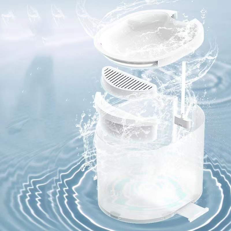 White plastic water filtration system with a transparent cylindrical body and layered components in the cat automatic water dispenser wireless pet fountain.