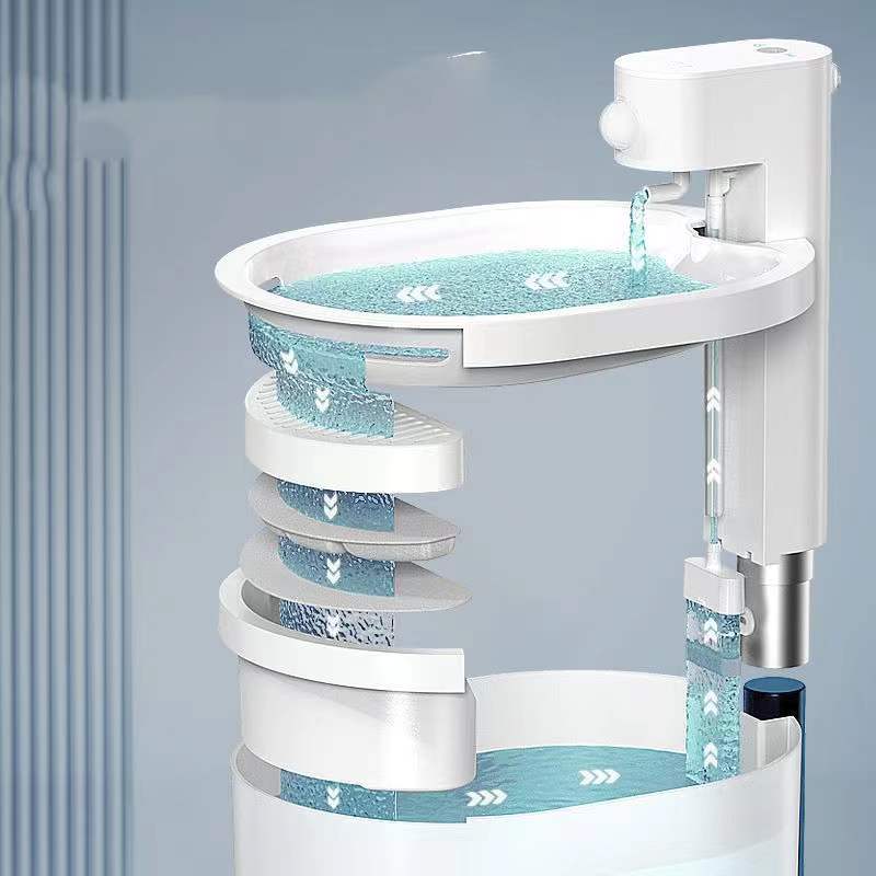 White multi-tiered wireless cat automatic water dispenser with clear blue water flowing through spiral tiers featuring a sleek modern design.