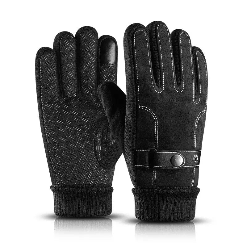 Men’s touch screen winter leather gloves in black showing the back side with a suede-like texture and white stitching details.