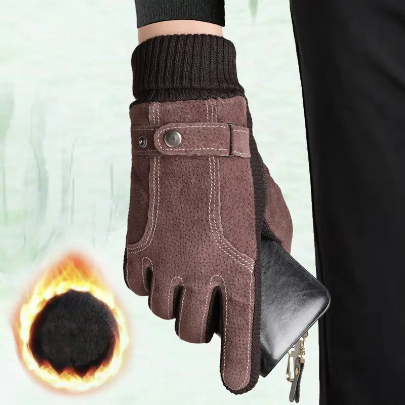 Men’s touch screen winter leather gloves in brown suede with knitted black cuff and silver-toned snap closure designed for warmth showing the back side.