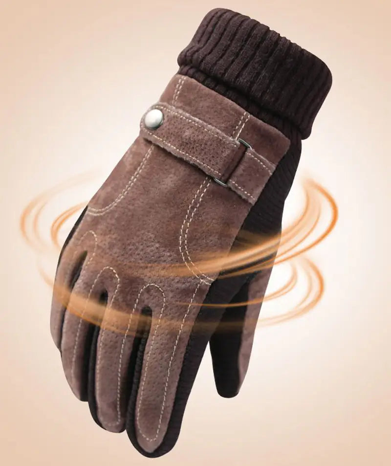 Men’s touch screen winter leather glove in brown suede and black fabric with ribbed cuff shown from the back side.