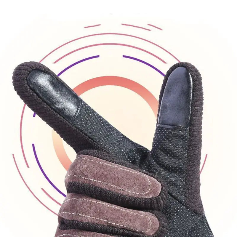 Men’s black leather touchscreen winter gloves with textured fabric and reinforced palm patches shown from the back side.