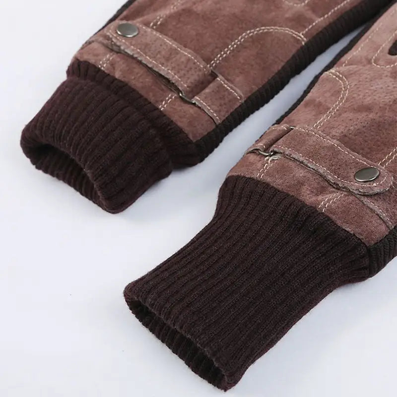 men’s touch screen winter leather gloves in brown suede and corduroy with snap closures shown from the back side