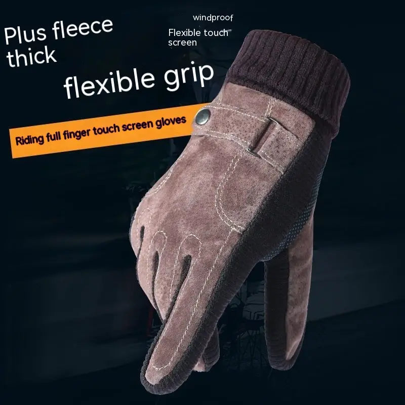 Brown suede men’s touch screen winter leather riding glove with ribbed cuff and touchscreen-compatible fingertips viewed from the back side.