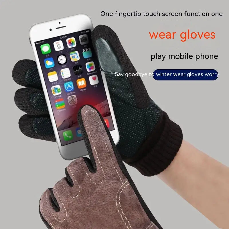men’s touch screen winter leather gloves in black and brown with textured fingertips for phone operation shown from the back side