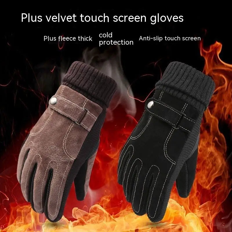 Men’s touch screen winter leather gloves in brown and black plus velvet with fleece lining and anti-slip touchscreen design shown from the back.