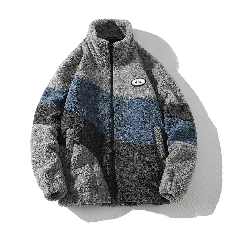 Chaqueta de forro polar de franjas para hombre, ropa de abrigo de invierno, con un acogedor cuello alto y franjas horizontales en tonos de gris y azul.