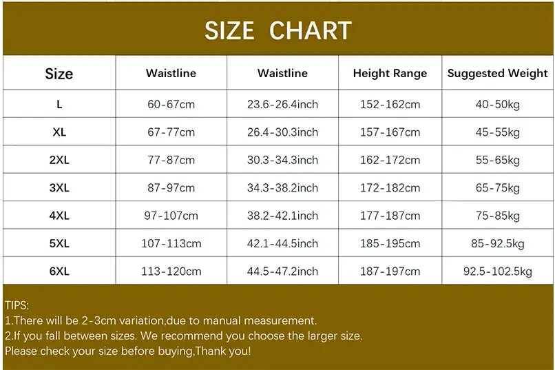 brown size chart with white text listing measurements for men’s plus size cotton striped and plaid boxer shorts in sizes l through 6xl