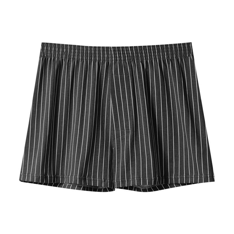 men’s plus size cotton boxer shorts featuring black and white vertical stripes with an elastic waistband