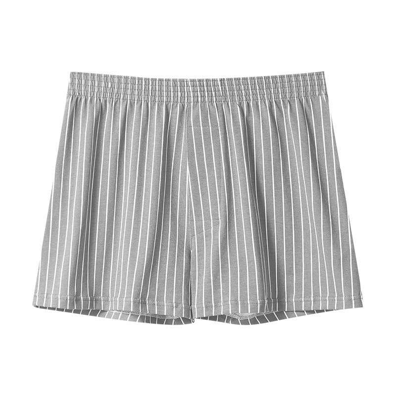 men’s plus size cotton boxer shorts in gray with white vertical stripes and an elastic waistband.