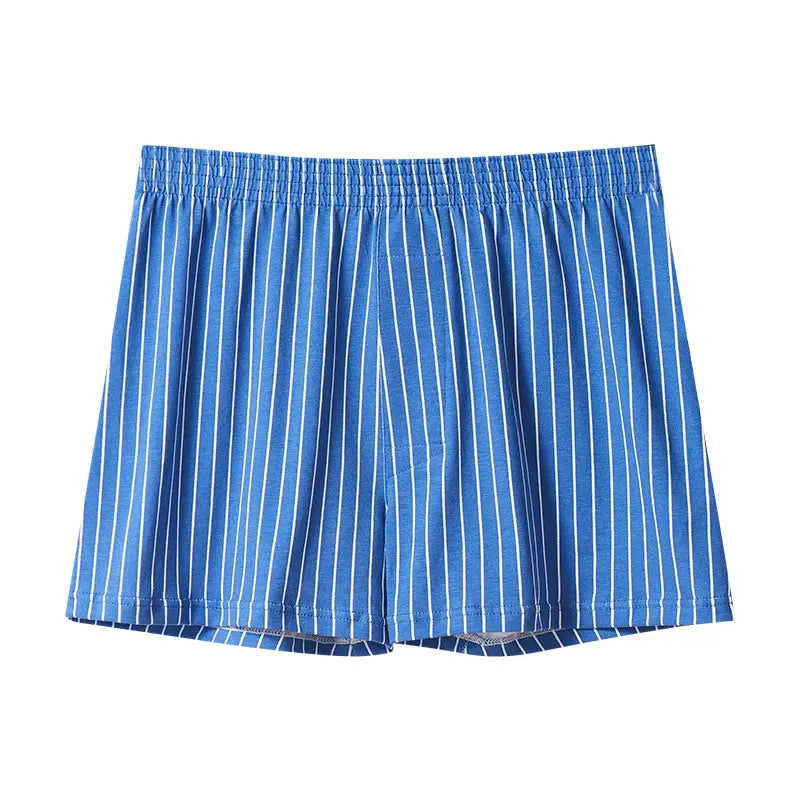 men’s plus size cotton blue striped boxer shorts featuring a comfortable elastic waistband and neatly stitched hems