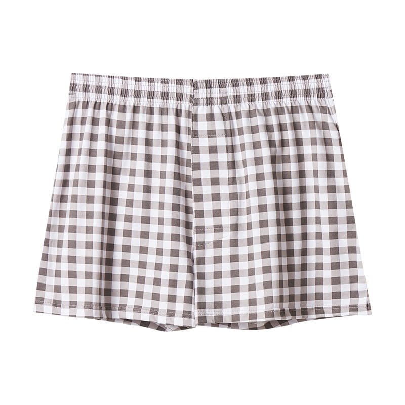 Men’s plus size cotton boxer shorts in gray and white gingham pattern with an elastic waistband.