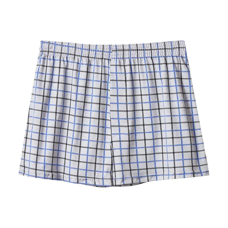Men’s plus size cotton boxer shorts in light gray with a classic blue and black plaid pattern and an elastic waistband.