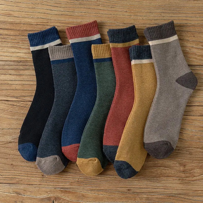 Set of six thermal terry tube socks for men in earthy tones with ribbed cuffs and toe accents made of casual ankle sock material.