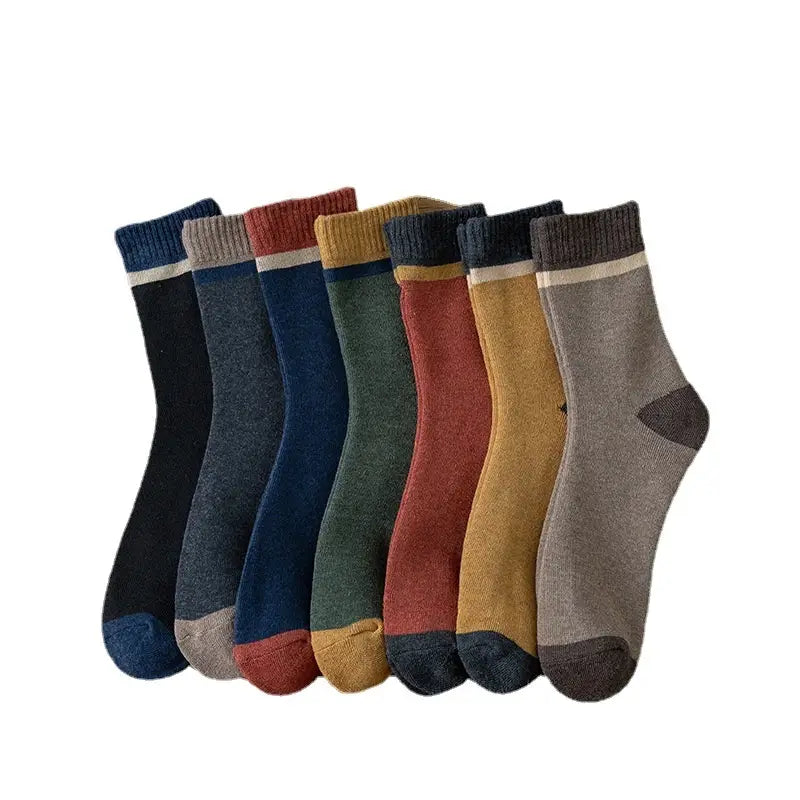 A set of six crew-length thermal terry tube socks for men in muted earth tones featuring ribbed cuffs with contrasting horizontal stripes and solid-colored toes.