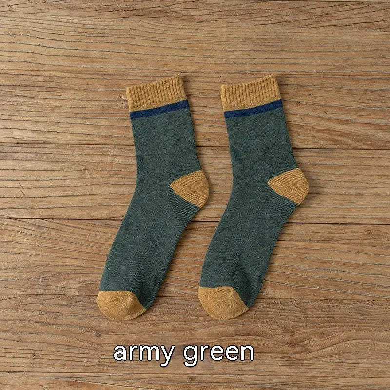 thermal terry tube socks for men in army green with tan toe and heel accents and a navy blue stripe at the cuff designed for warmth and comfort
