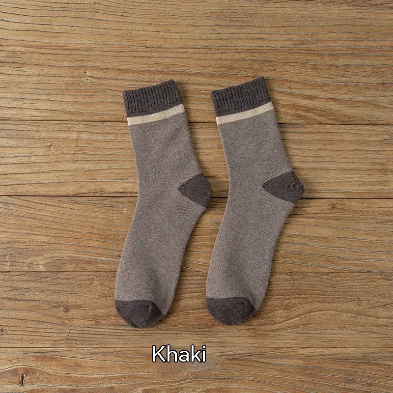 Thermal terry tube socks for men in khaki with dark gray ribbed cuffs toe caps and heel reinforcements providing warmth and durability.