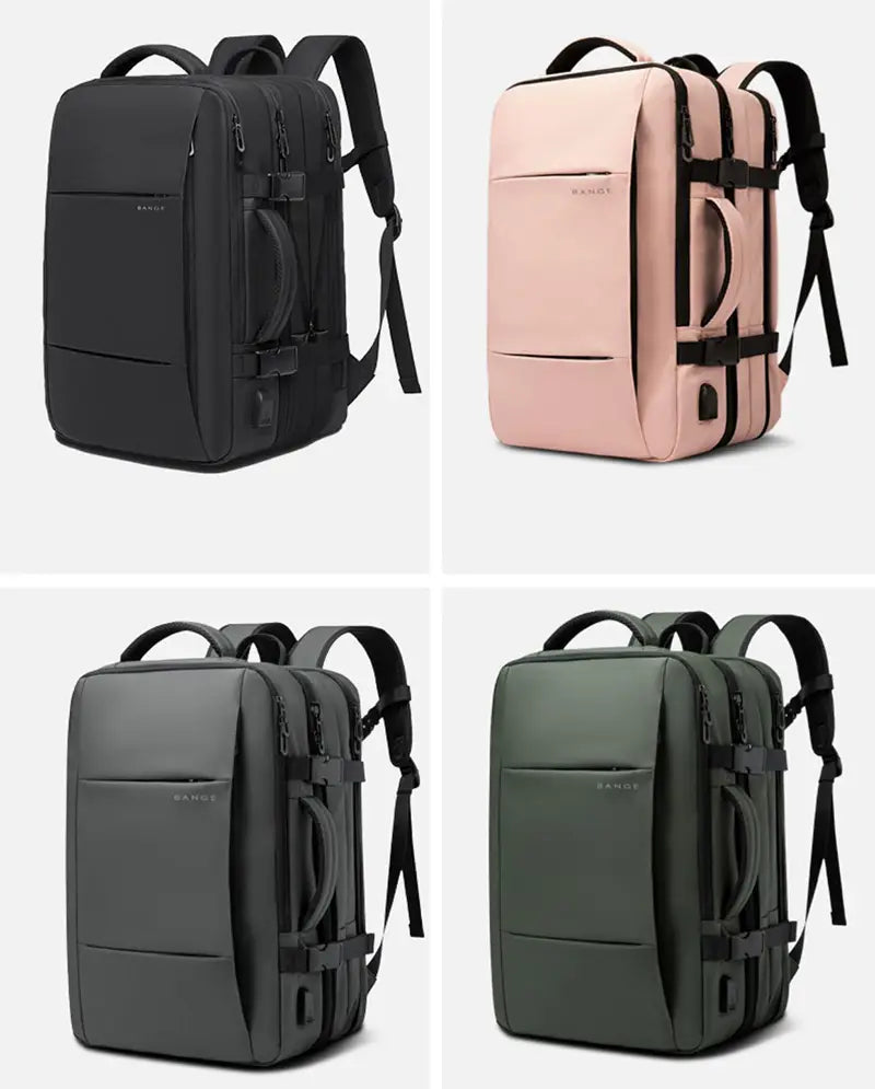 A sleek modern business backpack waterproof large capacity laptop bag available in black blush pink charcoal gray and olive green with durable fabric construction and black zippers and straps.