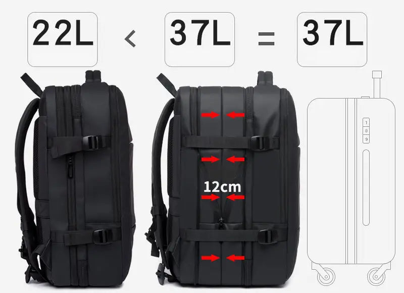 Black 37l business backpack with waterproof material, large capacity, adjustable straps, and structured design for laptop storage.