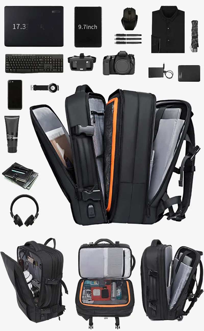 Black business backpack with waterproof material and large capacity featuring orange interior lining and multiple compartments for laptops and other essentials.