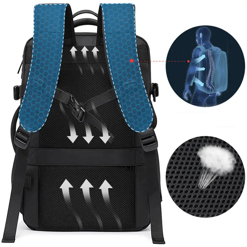 Black business backpack with waterproof material showing back side featuring blue hexagonal-patterned shoulder straps and mesh panels for ventilation designed for large capacity and laptop use.