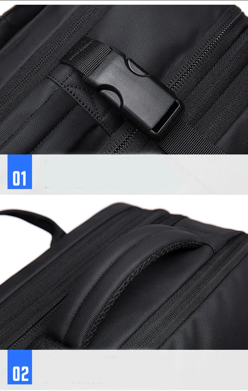 Black nylon business backpack with reinforced stitching and durable plastic buckle designed for large capacity laptop storage and waterproof protection.