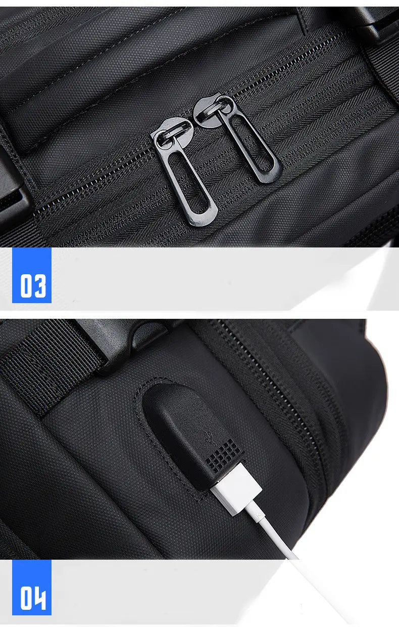 Black nylon business backpack with silver-toned zipper pulls and built-in usb charging port designed for large capacity and laptop protection.