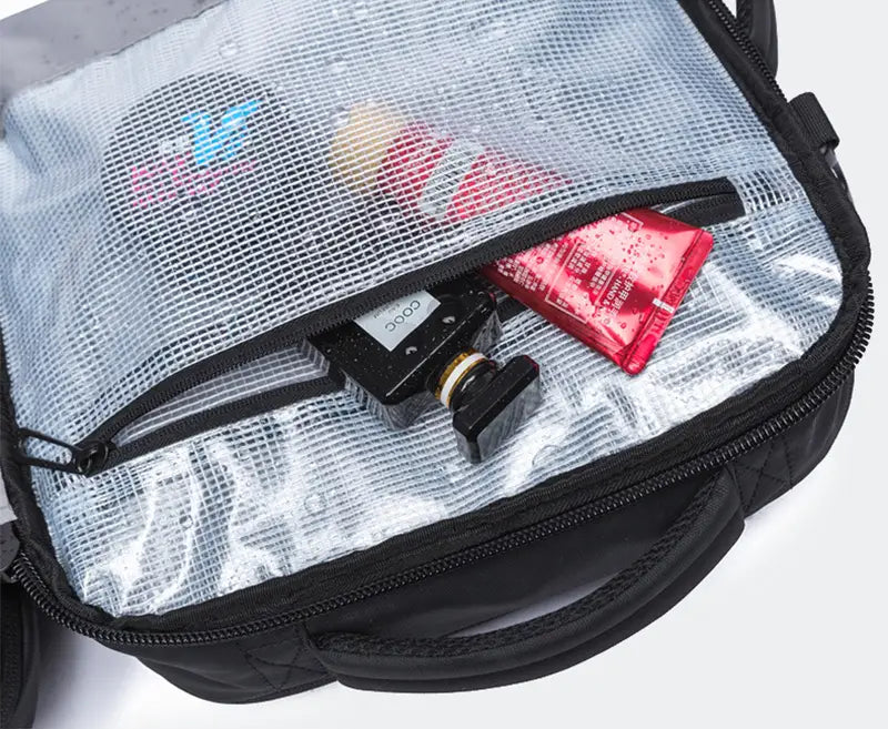 Black quilted mesh organizer bag with transparent front panel and black zipper accents for business backpack waterproof large capacity laptop bag.